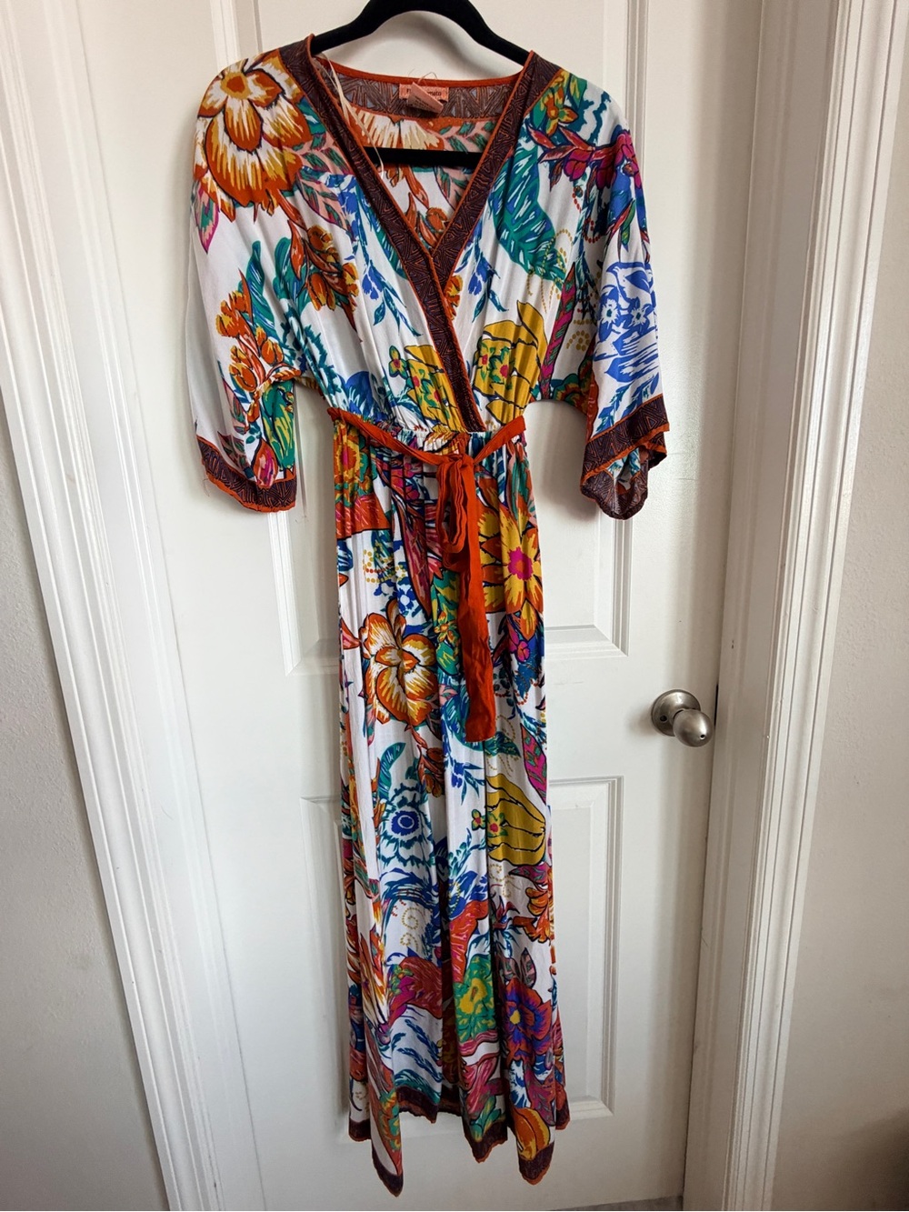 Flying Tomato Orange Trim Floral Print Kimono style maxi Dress size small NOWT